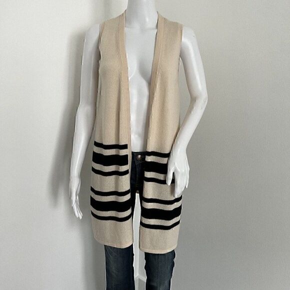kokun Women Cardigan Size XS 100% Cashmere Beige Colorblock Open Sleeveless - Picture 4 of 8
